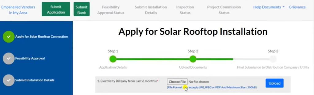 Upload document for Solar panel subsidy
